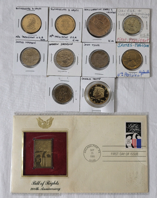 United States Presidential Coins and Tokens plus 1989 USA Bill of Rights 1st Day Issue Stamp with Gold Stamp Token