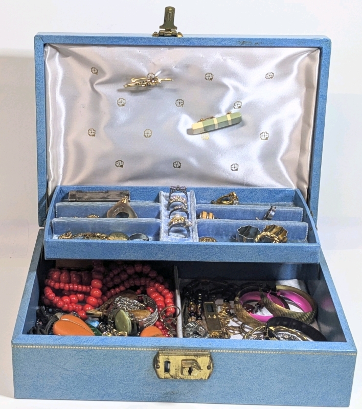 Assorted Jewelry Contents in Vintage Jewelry Box | Box Measures 11.25" x 8" x 3.25" Tall