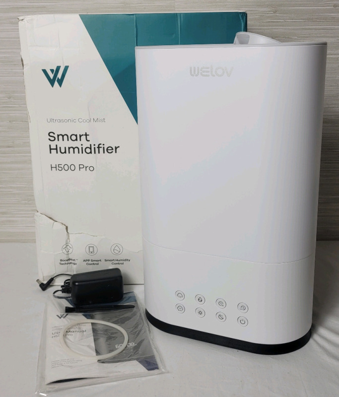 New , Open Box - WeLov H500 Pro Smart Humidifier Ultrasonic Cool Mist with App Smart Control . Tested Powers Up, Not Tested with Water . Box has tear on side . Measures 16" tall