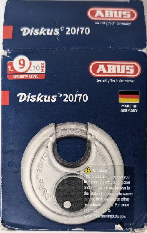 New - Abus Disc Padlock Diskus Plus Padlock 20/70 with 2 Keys