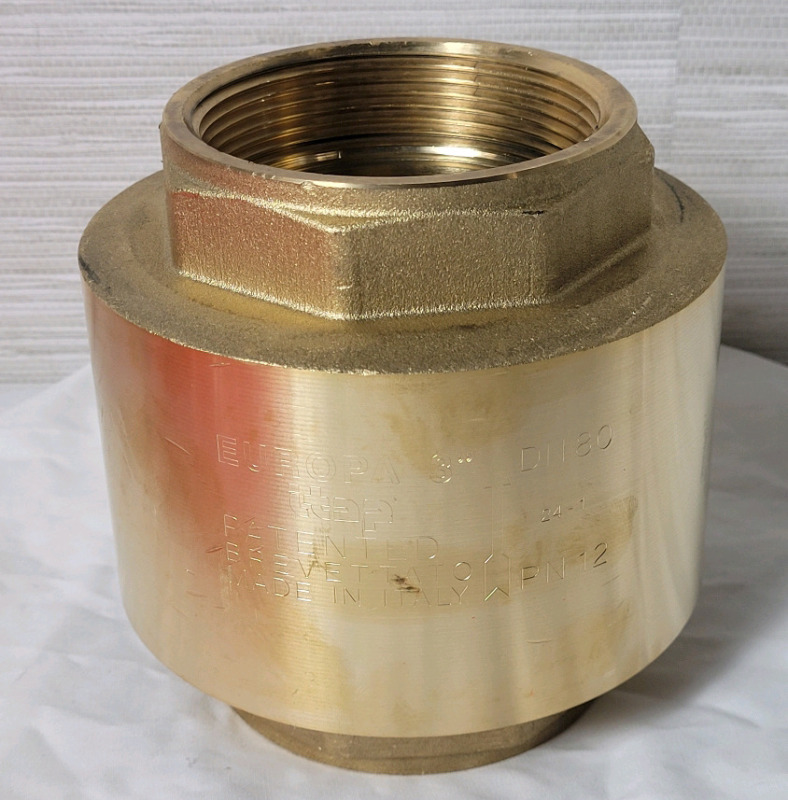 As New - Itap Europa 3" inline brass spring loaded checkvalve . Suitable for domestic water services, heating and air-conditioning plants, compressed air systems . Retail $400