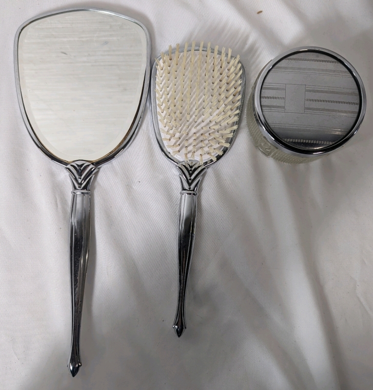 1950's Vintage: Chromed Ladies Vanity Set - Hand Mirror 13" x 5" - Hair Brush - Glass Powder Jar