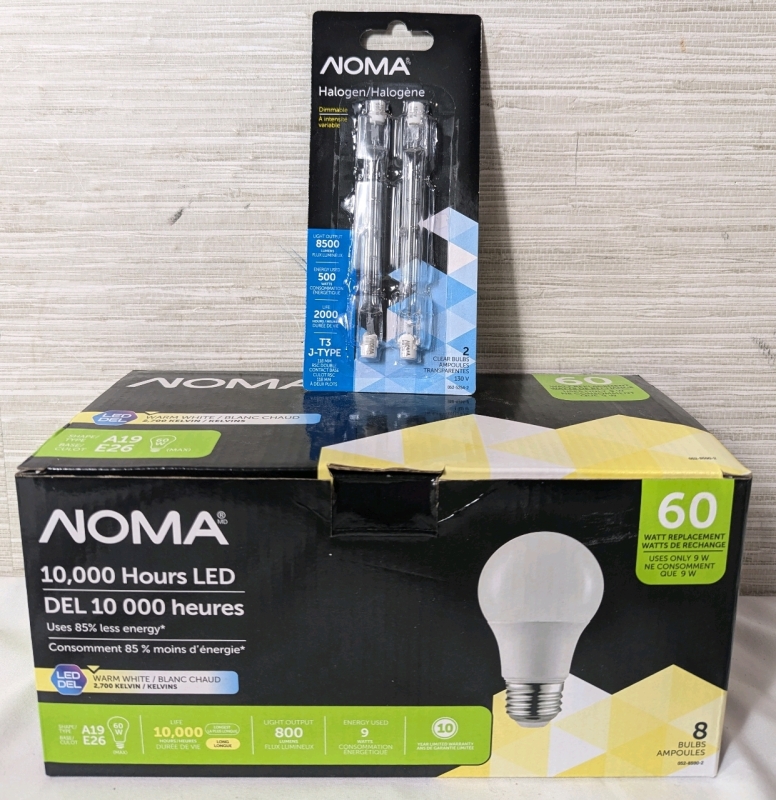 New: Noma Halogen and LED Lightbulbs - Box of 8 - 9 Watt, 800 Lumens Warm White LED Bulbs - Pack of 2 - 500 Watt, 8500 Lumens Dimmable Halogen Bulbs