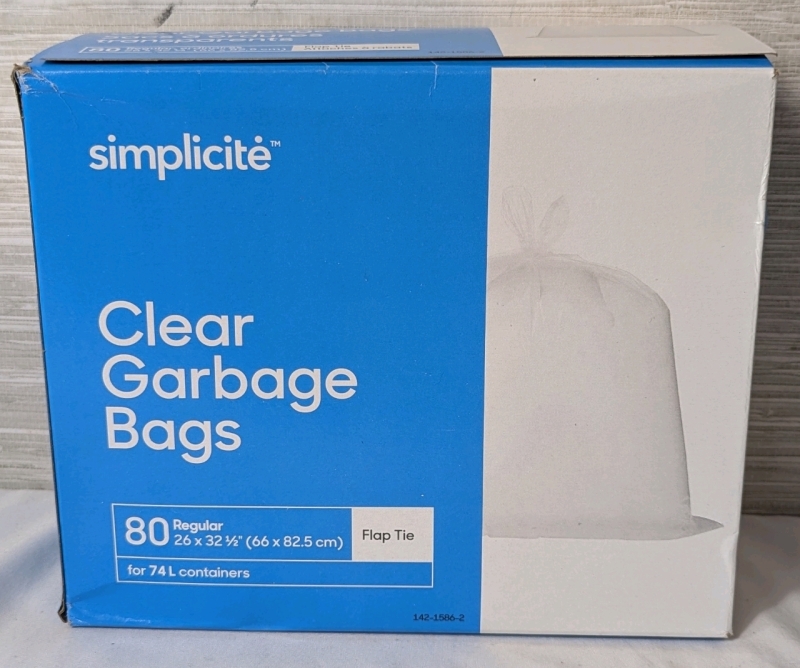 Sealed: 80 Simplicite Regular Clear Garbage Bags With Flap For 74L Containers - 66 x 82.5cm