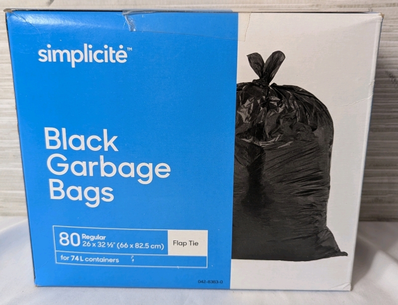 Sealed: 80 Simplicite Regular Black Garbage Bags With Flap For 74L Containers - 66 x 82.5cm