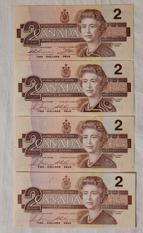 1986 Canadian Bank of Canada Two Dollar Bank Notes , Four (4) Bank Notes . Uncirculated , No bend or fold marks