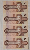 1986 Canadian Bank of Canada Two Dollar Bank Notes , Four (4) Bank Notes . Uncirculated , No bend or fold marks