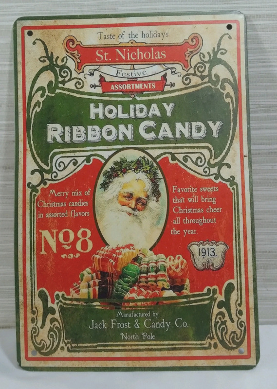 New 12x8" Metal Tin Sign St Nicholas Holiday Ribbon Candy