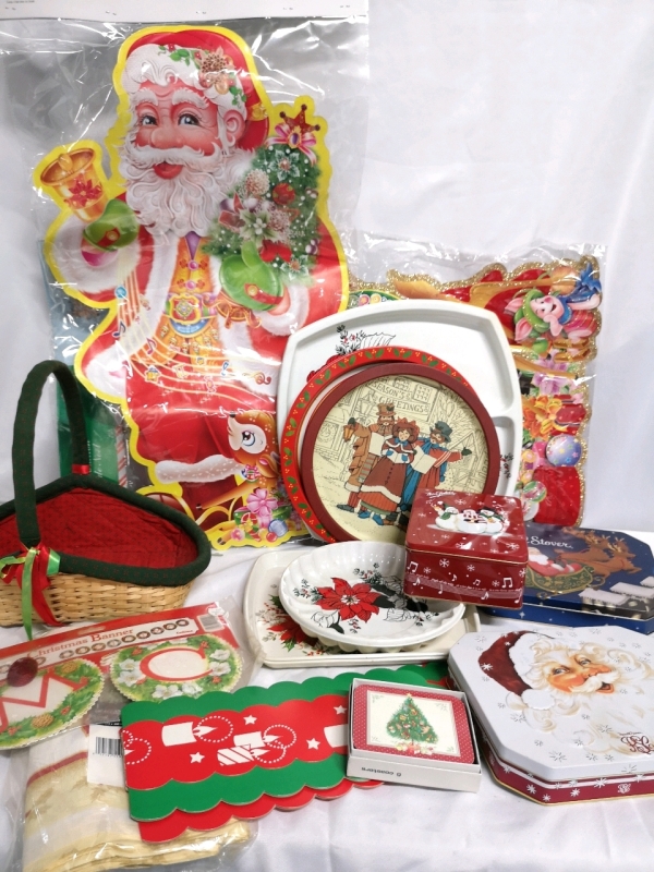 Large Christmas Decor Lot - Tins, Coasters, Serving Dishes +++