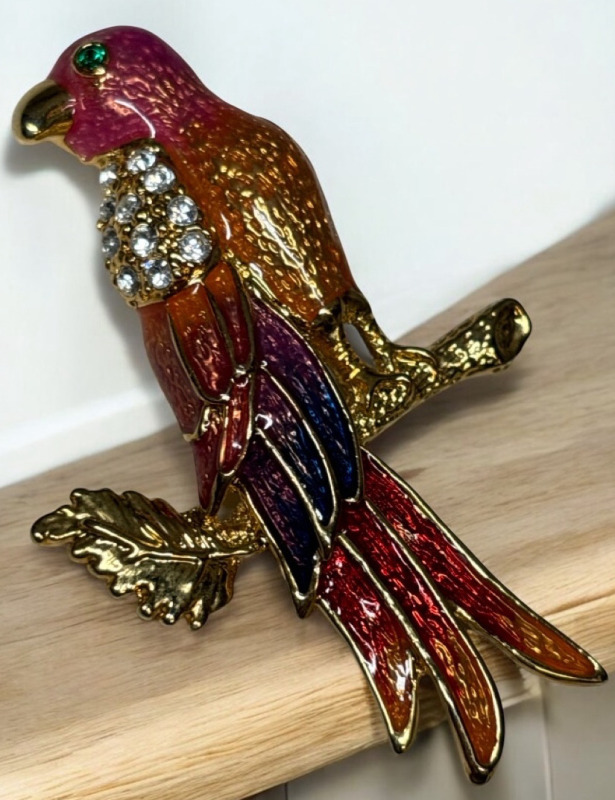 Vintage Enamel & Rhinestone Bird on Branch Brooch