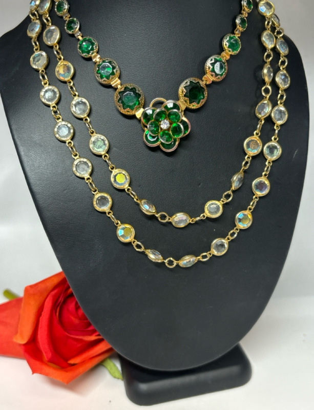 Austrian Crystal Bezel Set Necklace & Green Tiered Floer Cab necklace