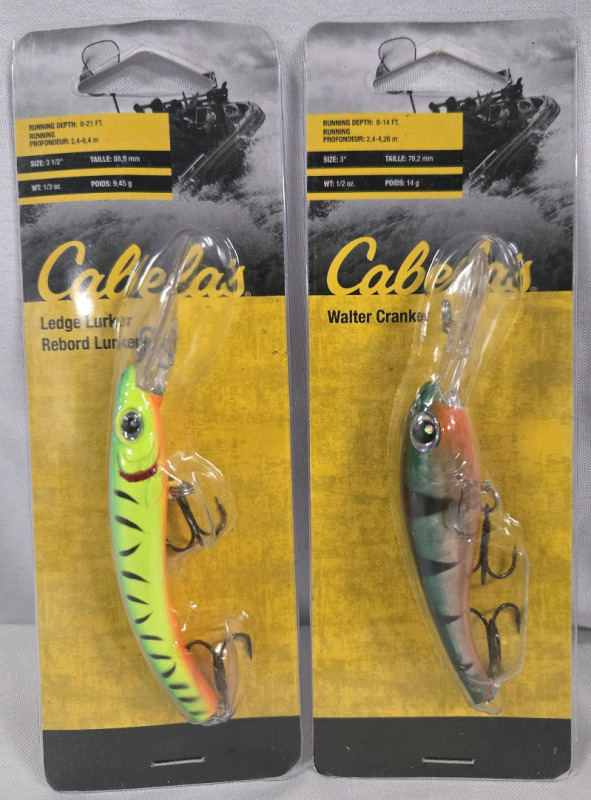 2 New Sealed | Cabelas 3" - 3½" Fishing Lures; Ledge Lurker & Walter Cranker