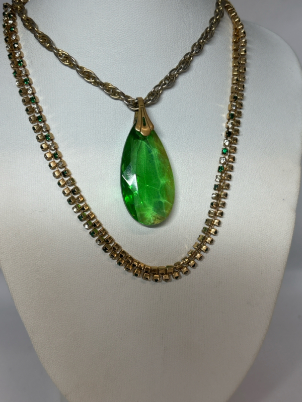 Green & Clear Rhinestone Line Necklace Green Faceted Teardrop Necklace Vintage