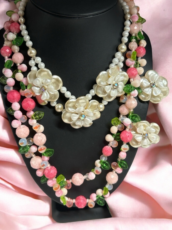 Vintage "Fruit Salad" Lucite Celluloid Glass Floral & Necklace<br/>Earring Necklace Set White <br/>Both Signed West Germany