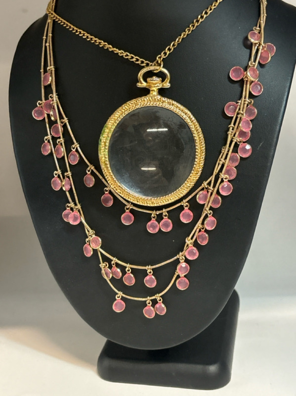 Pink Bezel 4 Strand Dangle Necklace & Large Magnifying Pendant Necklace