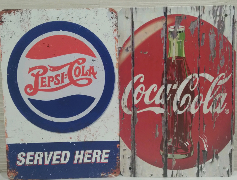 2 New Pepsi/Coke Metal Tin Sign 12x8"