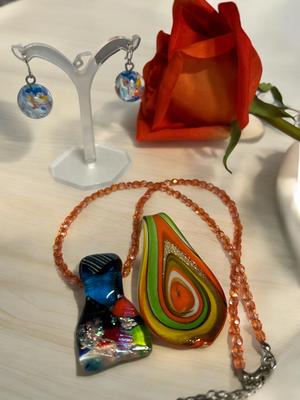 Murano Glass Style Pendant Sheppard Hook Earrings Fused Glass Necklace So Colourful