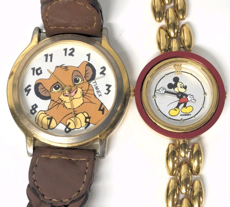 2 Vintage Disney Watches | Timex: The Lion King (Working) w Braided Leather Band & Sierra Mickey Mouse w Interchangeable Ring (Non-Working) | Up to 9.5" Long