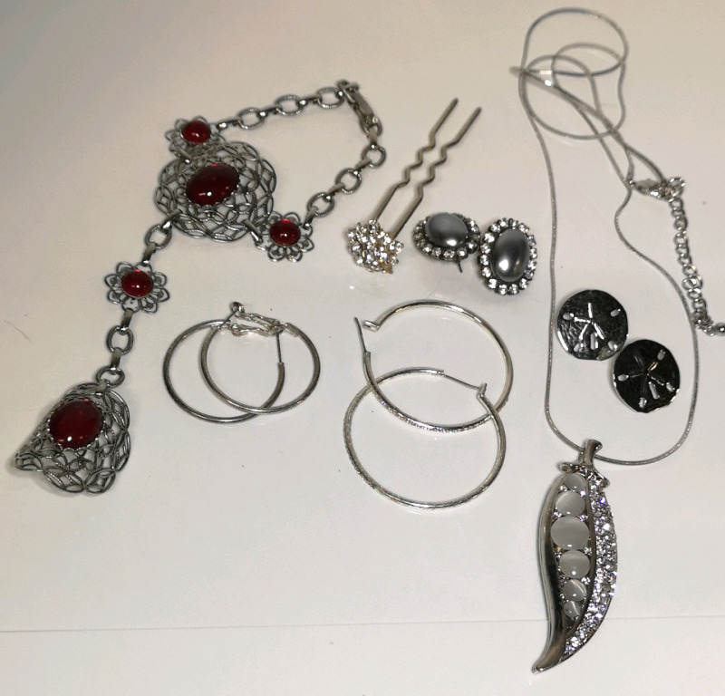 Silver Tone Jewelry with Bling - Earrings, Necklace +