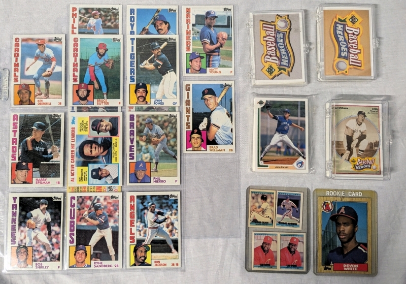 70+ Topps and Upper Deck 1984-1991 MLB Baseball Cards. Includes Devon White Rookie Card and 1990 Upper Deck Blue Jays Team Cards