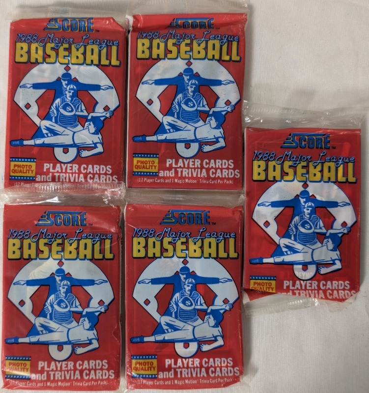 Five (5) 1988 Score Major League Baseball Packs . Potential Bo Jackson , Nolan Ryan , Tony Gwynn