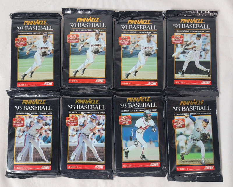 1993 Score Pinnacle MLB Baseball Series 1 Trading Card Packs , Sealed . Eight (8) Packs . Potential Derek Jeter RC , Ken Griffey Jr. , Nolan Ryan