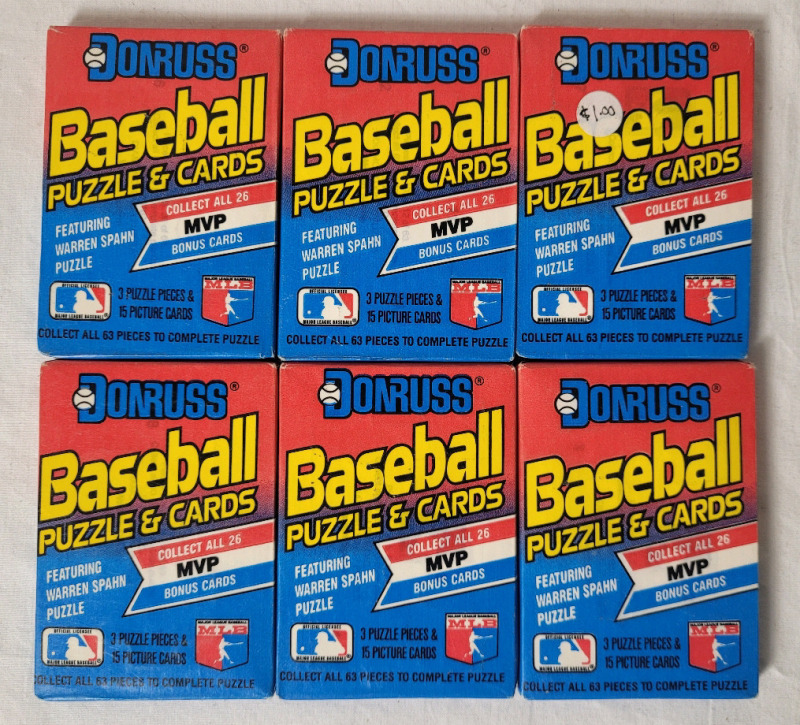 1989 Donruss MLB Baseball Trading Card Packs , Sealed . Six (6) Packs , 15 Cards & 3 Puzzle pcs. Per Pack . Potential Ken Griffey Jr. RC , Bo Jackson , Nolan Ryan , Randy Johnson RC