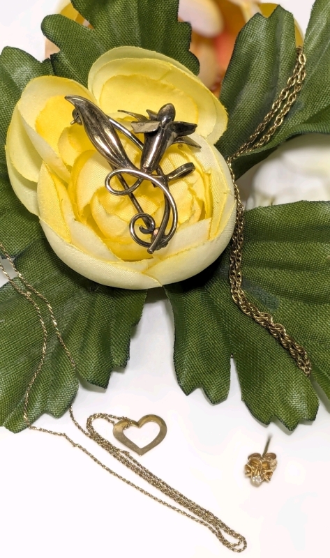 Signed BIRKS Gold Filled Chain, 10K Stamped Dainty Chain w Heart, Flower Brooch Stamped 20 12KT GF >>-CA->, Single 10K Gold Earrings w Diamond | Chains 18" - 19"