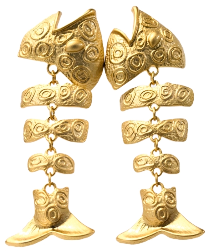 Large Funky Articulated Gold Tone Fish Statement Earrings Lightweight | 3.25" Long ea