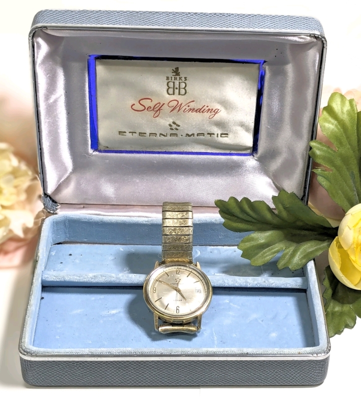 Stunning Vintage BIRKS Eterna Matic Self-Winding Watch w Original Box | Box Measures 5.7" x 4.5" x 1.16"