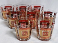 8 Libbey MCM Lowball Glasses - Red & Gold