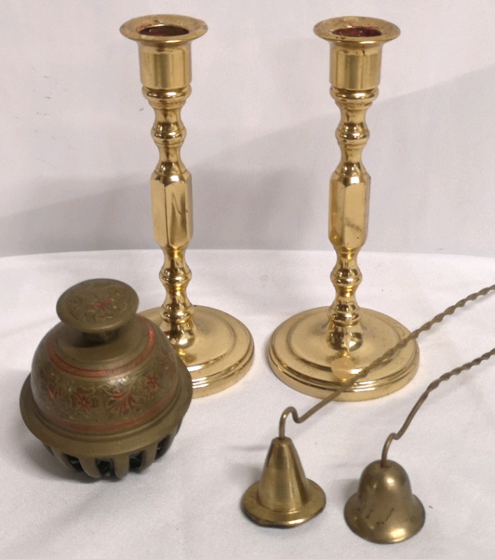 Brass Candle Holders with Snuffers & Elephant Claw Bell