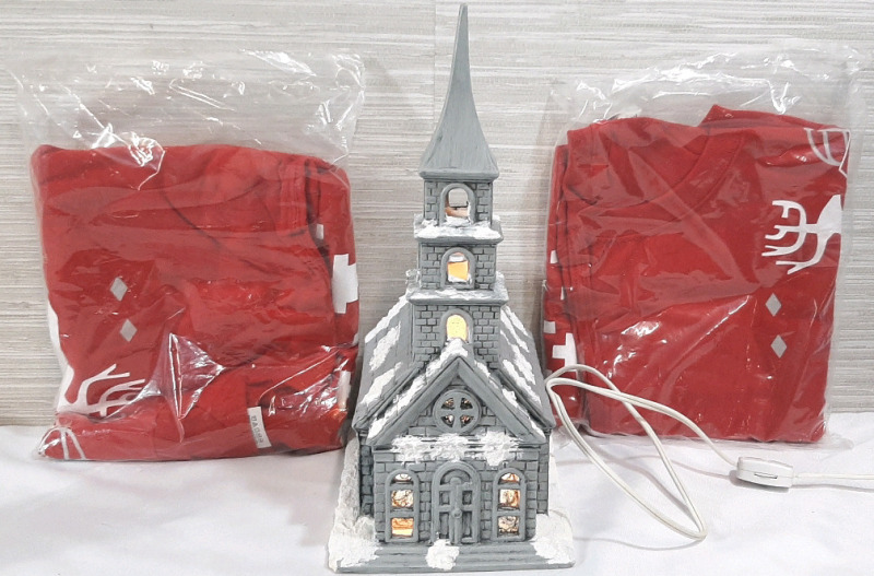 Vintage Byron Molds 1979 Light-Up Ceramic Christmas Church Set 5½" wide 12" tall, Light is Tested and Works, Includes A Large And XL Christmas Sweaters