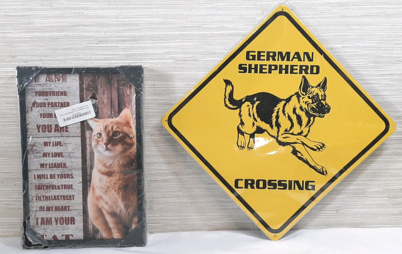 New German Shepherd Metal Sign 16"X16" & New Cat Black Frame Poster w/ A Pair of White Gloves and Measuring Tape