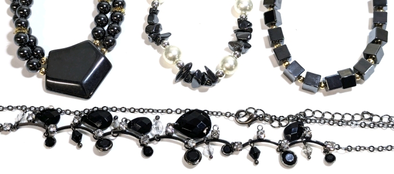 3 Wildly Different Hematite Necklaces & Dainty Dark Stone & Rhinestone Necklace | Up to 18" Long