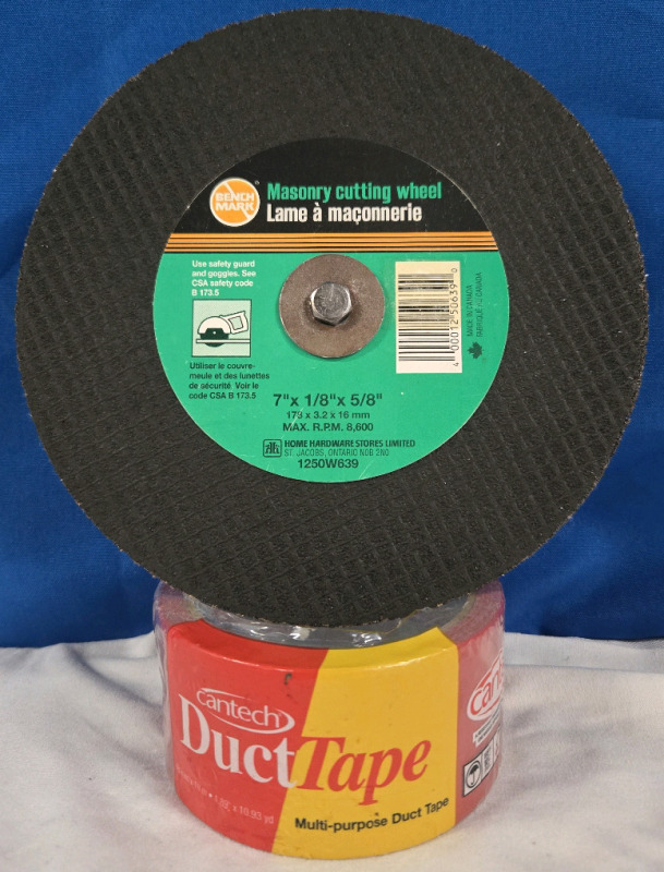 2 Pcs | Tool Lot | New Bench Mark Masonry Cutting Wheel 7" x ⅛" x ⅝" / 8600 RPM Max | & CanTech Red Multi-Purpose Duct Tape