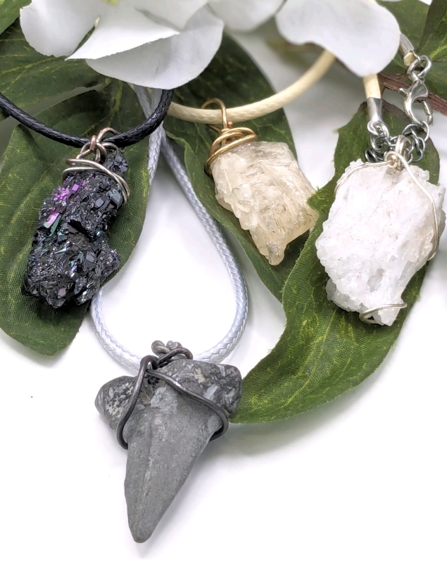 4 Great Wire-Wrapped Local Stone Necklaces incl Rainbow Carborundum Silicon & Quartz! | Pendants up to 1.5", Necklaces up to 18"