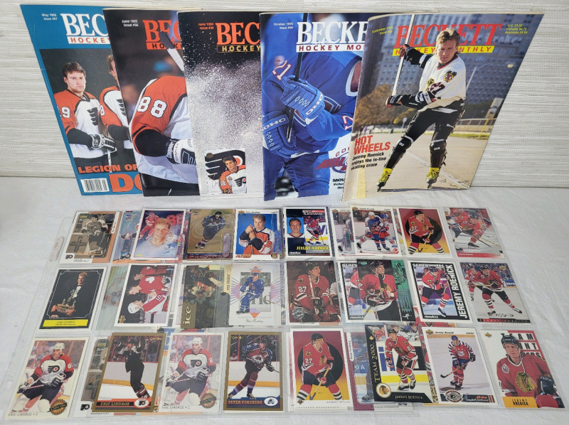NHL Hockey Eric Lindros , Peter Forsberg & Jeremy Roenick Trading Cards and Beckett Magazines