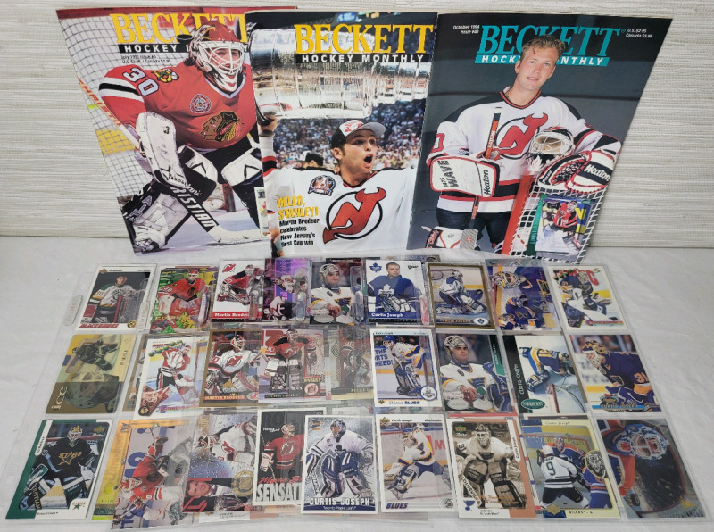 NHL Hockey Curtis Joseph , Martin Brodeur & Ed Belfour Trading Cards and Beckett Magazines