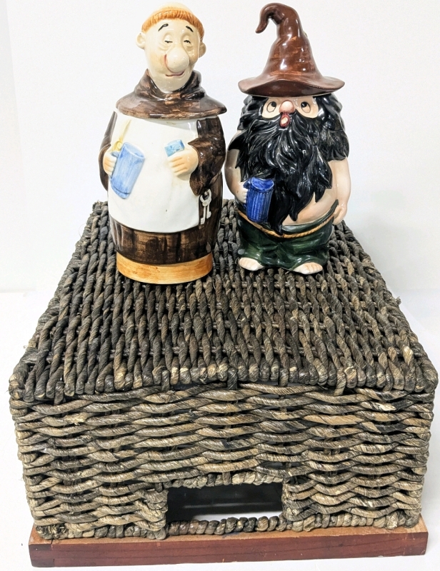 2 Vintage Novelty Handpainted Beer Steins: Hillbilly Hagrid & Befuddled Friar (9") + Wood-Topped Woven Bin (15.5" x 11.75" x 6.5")