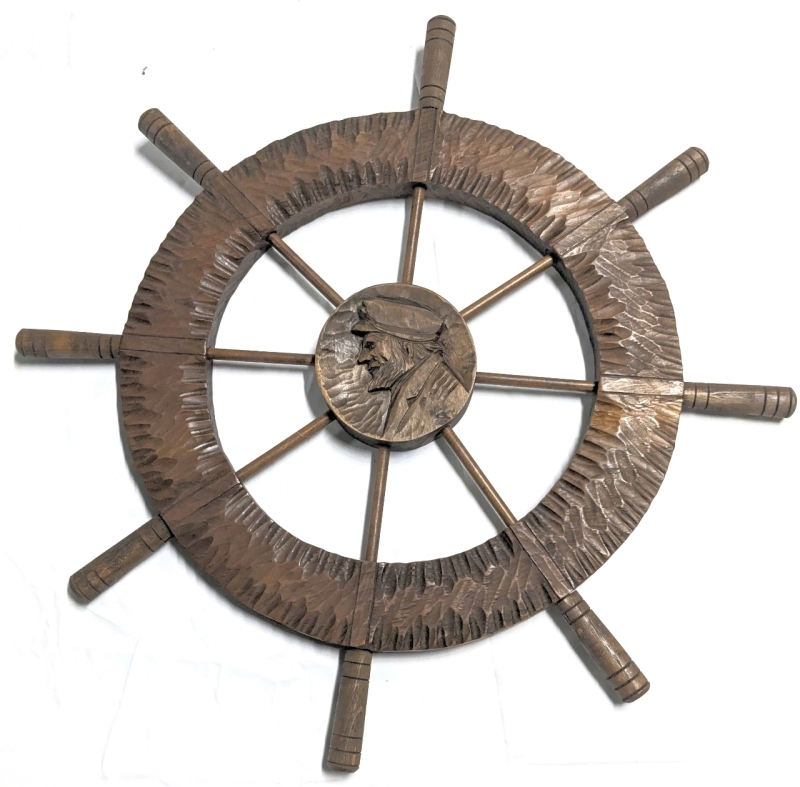 Huge Wood Decorative Ship's Wheel w Carved Mariner in Center | 32.75" Across