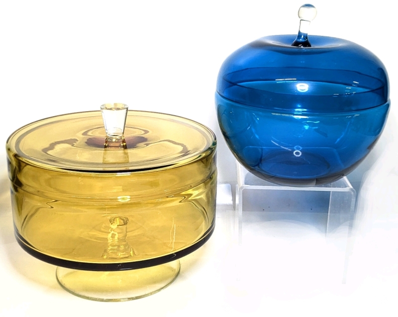 2 Coloured Glass Covered Containers : Honey Amber Glass Clear Footed & Blue Clear Glass Aple-Shaped | Tallest 7"