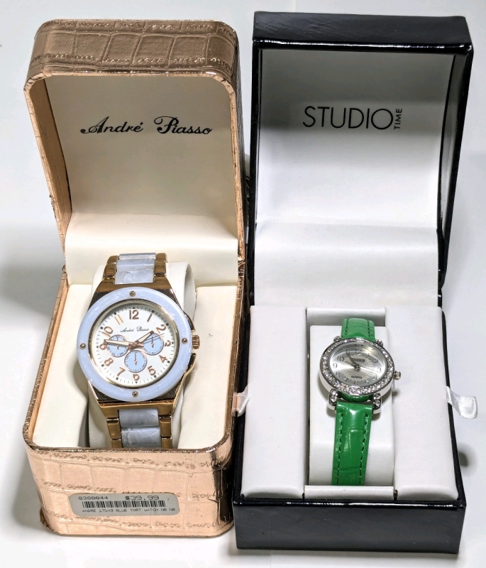 2 As-New Watches: André Piasso 17143 Rose Gold Blue Tort Watch & Studio Tine Quartz Watch w Green Faux Leather Band