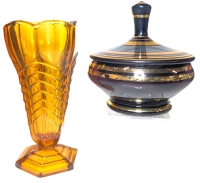 George Davidson Amber Glass Vase (8.25") & Gold Overlay Amethyst Glass Lidded Trinket Dish (5.75" Tall)