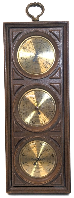 1970&rsquo;s Springfield USA 1701 Faux Wood Wall-Hanging Weather Station | Thermometer, Barometer, Humidity Meter | 7.5" x 19"