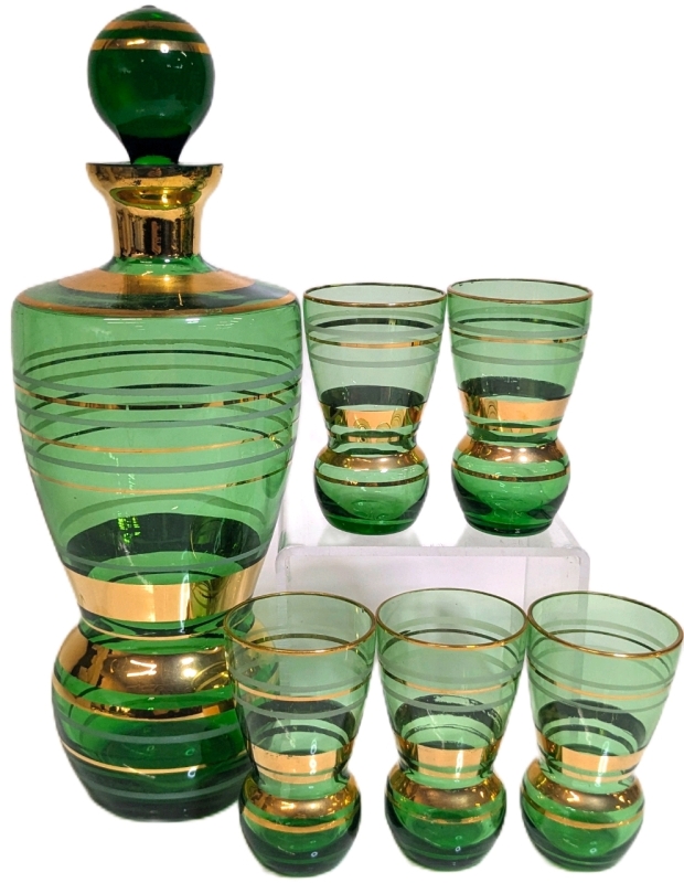 Green Glass Gold Overlay Decanter (9.25") & 5 Glasses (2.75" Tall)