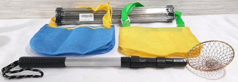 Lot of Outdoor Products, Including a Roll-Up Dish Rack (15.8"X17.8"), Two Colorful Mesh Bags (9.5"X9") & A Handheld Fishing Strainer (20.3")