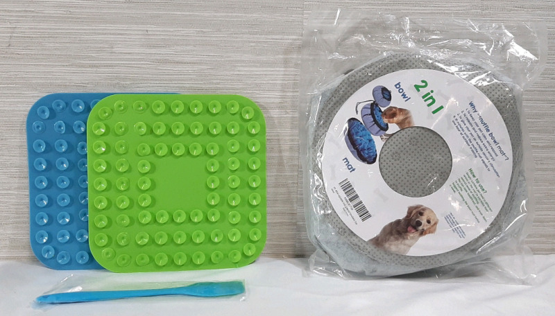 Lot of New Dog Food Sensory Products, Including 2 Silicone Lick Mats w/ Spreading Tool (8"X8") & A Fabric "Snuffle Bowl" (9½" diameter)