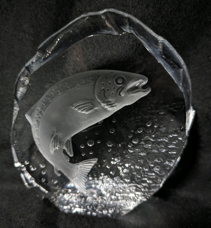 Etched Glass Fish Paperweight.