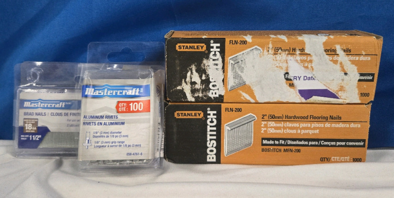 4 Boxes ( 3000 Pcs+ ) | Hardware Lot | ( 2 ) Boxes Stanley 2" Hardwood Flooring Nails | ( 1 ) Mastercraft box Of ⅛" Dia Aluminum Rivets | & ( 1 ) Mastercraft Box Of 18Ga 1½" Brad Nails